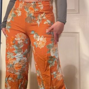 Taylor and Sage orange floral flower flowy wide leg lightweight boho hippie pant